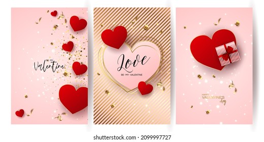 Cartel vectorial de venta del día de San Valentín. Sé mi pancarta de San Valentín con corazón de 3d, caja de regalo, confeti de oro, podio sobre fondo rojo.  Ilustración vectorial. Plantilla de diseño 3D realista с con podio y regalo 