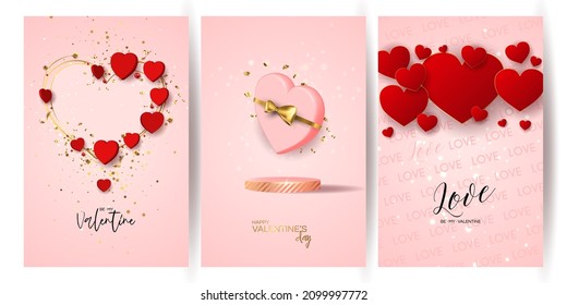 Valentine's day sale vector banner. Be my valentine banner with 3d heart, gift box, gold confetti, podium on red background.  Vector illustration. 3D realistiс design template with podium and gift 