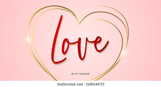 Valentine's day sale vector banner. Be my valentine banner with 3d heart, gift box, gold confetti, podium on red background.  Vector illustration. 3D realistiс design template with podium and gift 