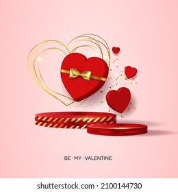 Valentine's day sale vector banner. Be my valentine banner with 3d heart, gift box, gold confetti, podium on red background.  Vector illustration. 3D realistiс design template with podium and gift 