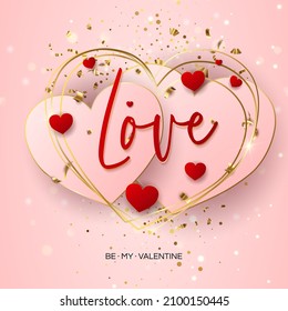 Valentine's day sale vector banner. Be my valentine banner with 3d heart, gift box, gold confetti, podium on red background.  Vector illustration. 3D realistiс design template with podium and gift 