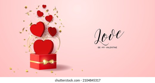 Valentine's day sale vector banner. Be my valentine banner with 3d heart, gift box, gold confetti, podium on pink background.  Vector illustration. 3D realistiс design template with podium and gift 