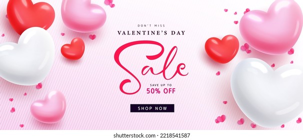 Valentine's day sale vector banner design. Happy valentine's day 50% off shopping discount promo for store advertisement background. Vector Illustration.
