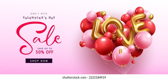 Valentine's day sale vector banner design. Love 3d text balloons flying elements decoration for valentine's day promotion offer background. Vector Illustration.
