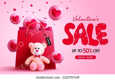 Valentine's day sale vector banner design. Valentine promo offer text with gift surprise elements and balloons for hearts day background. Vector Illustration.