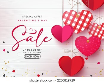 Valentine's day sale vector banner design. Happy valentine's day text in wood space with paper cut hearts hanging for holiday season promotion. Vector Illustration.
