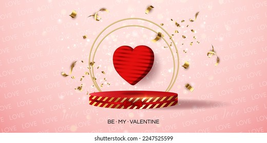 Valentine's day sale vector banner. Be my valentine banner with 3d heart, gift box, gold confetti, podium on red background.  Vector illustration. 3D realistiс design template with podium and gift 
