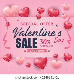 Valentines day sale vector banner. Sale discount 30% off text for valentines day shopping promotion with hearts elements in red background. Vector illustration.