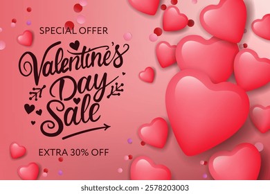Valentine's day Sale vector banner design. Valentine promo offer text for hearts day background. Vector Illustration