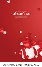 Valentines day sale vector banner template. Valentines day sale discount text with hearts elements in white pattern background. Vector illustration.