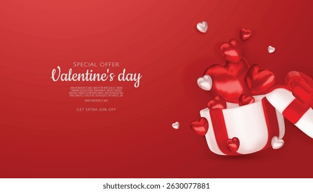 Valentines day sale vector banner template. Valentines day sale discount text with hearts elements in white pattern background. Vector illustration.