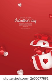 Valentines day sale vector banner template. Valentines day sale discount text with hearts elements in white pattern background. Vector illustration.