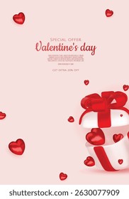 Valentines day sale vector banner template. Valentines day sale discount text with hearts elements in white pattern background. Vector illustration.