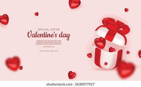 Valentines day sale vector banner template. Valentines day sale discount text with hearts elements in white pattern background. Vector illustration.
