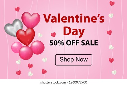 Valentines day sale vector design with red,silver,pink heart shape balloons and small heart string in pink background for valentines season shopping banner discount promotion. Vector illustration.