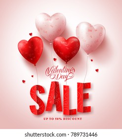 Valentines day sale vector design with red heart shape balloons in white background for valentines season shopping discount promotion. Vector illustration.
