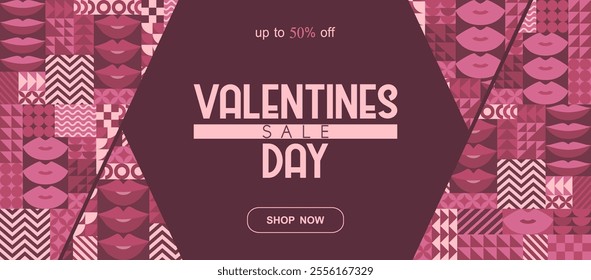Valentines Day sale vector illustration with pink lips, bauhaus abstract geometric shapes background. Modern flat design pattern template for advertising, poster print, banner, card, flyer