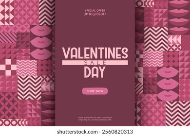 Valentines Day sale vector illustration with pink lips and bauhaus abstract geometric shapes background. Modern design pattern template for poster print banner card flyer advertising