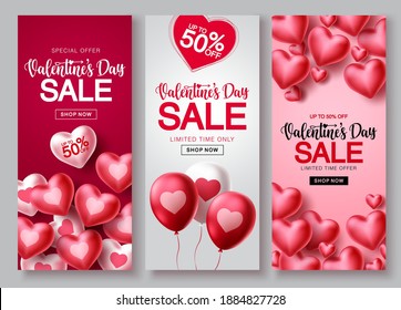 Valentines day sale vector poster set. Valentines day sale text with heart balloon elements in red and white backgrounds for shopping banner promotions. Vector illustration.