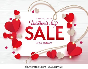 Valentine's day sale vector template design. Happy valentine's day special offer text with hearts paper cut elements in empty space for promotion flyers banner. Vector Illustration.
