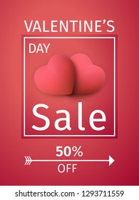 Valentines day sale vertical background with couple realistic 3D colorful red Hearts. Vector illustration. For use as wallpaper, flyers, invitation, posters, brochure banners