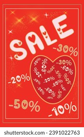 Banner vertical de venta Día de San Valentín Ilustración vectorial fondo rojo Línea de guirnaldas doradas Confeti Tarjeta de regalo de Navidad Venta de texto Descuentos con porcentajes Descanso de vacaciones Corazón ánimo Febrero