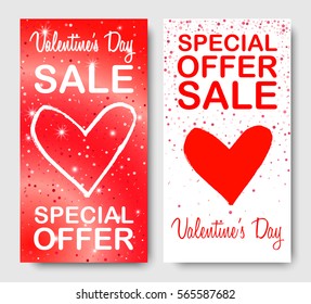 Valentines day sale vertical leaflet templates with hearts on red and white background. Vector concept.
