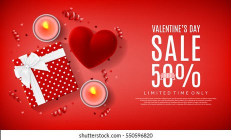 Valentine's Day sale web backdrop. Top view on composition with gift box, case for ring, candles and confetti. Vector illustration with serpentine.