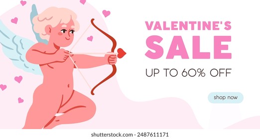 Valentine's Day sale, web background, card design. Cupid with bow and arrow, flying angel, love holiday marketing. Romantic banner, advertising. Online shop promotion. Flat vector illustration