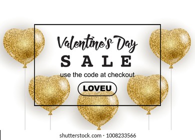 Valentine's Day sale web banner, flyer concept. Golden glitter cute balloons in shape of heart, isolated on white background, black frame, promo text, vector illustration.