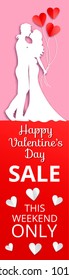 Valentines day sale web banner with kissing couple and heart baloons
