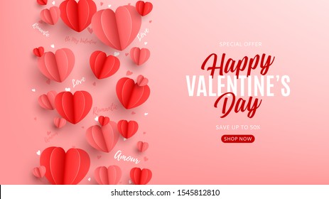 Valentine's Day sale web banner. Holiday banner with realistic red and pink hearts in paper art style. Festive vector illustration. Seasonal discount offer.