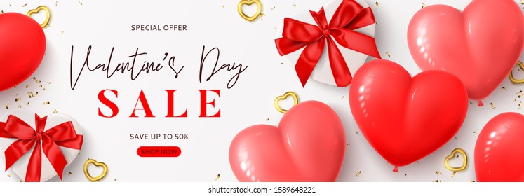 Valentine's Day sale web banner. Vector illustration with realistic gift boxes, air balloons, gold hearts and confetti on white background. Promotion discount banner.