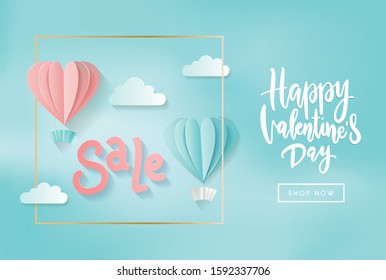 Valentine's day sale web banner of gentle pink and blue heart hot air balloons on blue sky shine background. Sale text for holiday shop discount promo design template with hand lettering.