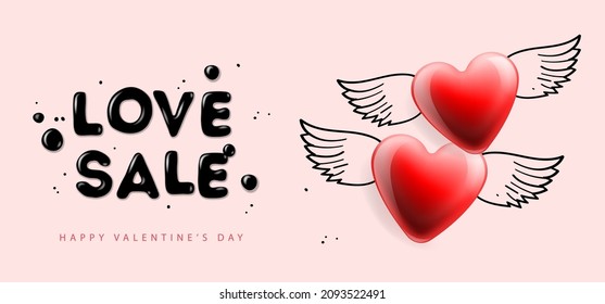 Valentines day sale. Web banner template with red winged hearts background, vector illustration.