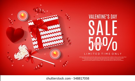 Valentine's Day sale web banner. Top view on composition with lollipop, gift box, case for ring, candles and confetti. Vector illustration.