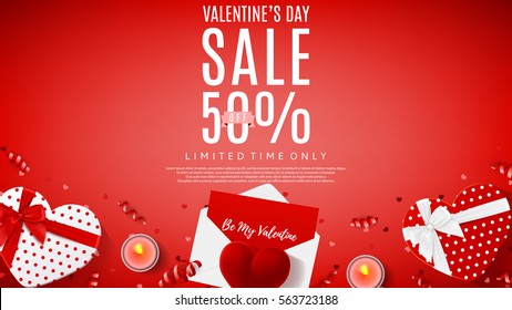 Valentine's Day sale web banner. Top view on composition with gift boxes, red case for ring, candles, confetti. Vector illustration.