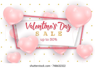 Valentine's Day sale web banner, flyer concept. Pink cute balloons in shape of heart randomly flying over white background, gold dots pattern, realistic vector illustration.