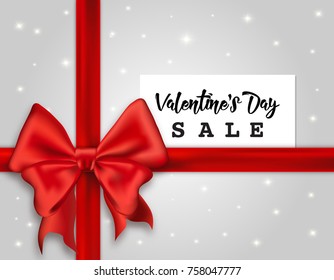 Valentines' Day Sale web banner, vector illustration, flyer concept. Big beautiful silk ribbon bow, white card with text, sparkles over bright gray background. Valentine Day promo concept.