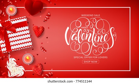 Valentine's Day Sale Web Banner. Top view on composition with lollipop, gift box, case for ring, candles and confetti. Vector illustration with Lettering. Seasonal Discount Offer.