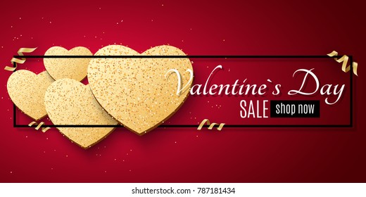 Valentines Day sale web banner. Golden hearts of glitters in a black frame with ribbons. Romantic banner. Advertising web banner for sale. Special offer. Vector illustration.