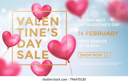 Valentines day sale web banner of valentine red heart balloons on blue shine background. Vector Valentines day sale golden text for holiday shop discount promo design template of air ballon hearts Valentines day sale web banner of valentine red heart balloons on blue shine background. Vector Valentines day sale golden text for holiday shop discount promo design template of air ballon hearts