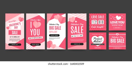 Valentine's Day Sale Web Banners Social Media Collection for greeting and other promotions. vertical & square design template Bundle Premium Vector.