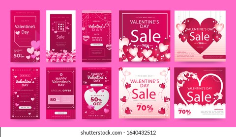 Valentine's Day Sale Web Banners Social Media Collection for greeting and other promotions. vertical & square design template Bundle Premium Vector.