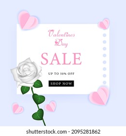 Valentines day sale white rose realistic beautiful paper sheet and hearts in paper cut style poster banner flyer brochure discounts to promote your company Vector illustration