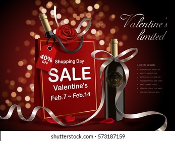 Valentine's day sale, wine bottle with ribbons in red paper bag isolated on bokeh background, 3d illustration