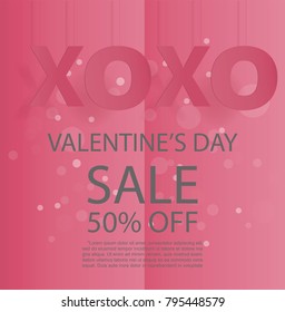 Valentine's day sale with X O paper cut hanging from the wall. Sale advertising template. Vector illustration. 