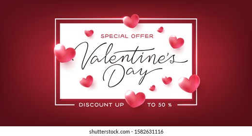 Valentines day sales banner. Holiday related shopping discounts. Special offer for valentine day. Vector illustration.