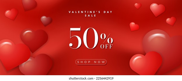 Valentine's Day Sales Banner on Red Gradient Background with 3d Heart Design elements. Up to 50% off. Shop Now Button. Editable Vector Illustration. EPS 10