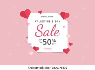 Valentine's day sales banner template. Valentine's Day design with red paper hearts. Design for postcards, flyers, advertising. Vector illustration.